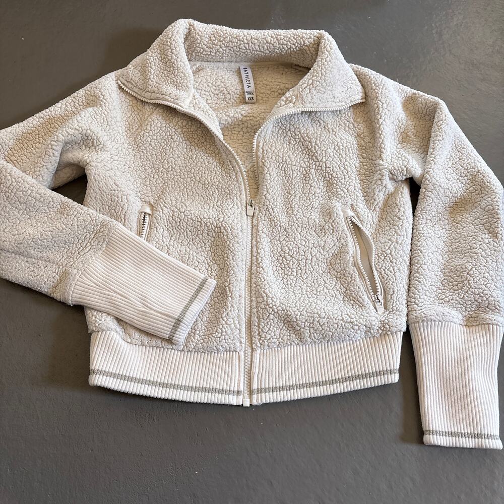Athleta Tugga Ivory White Sherpa Fleece Full Zip Cropped Jacket XXS - Picture 2 of 7